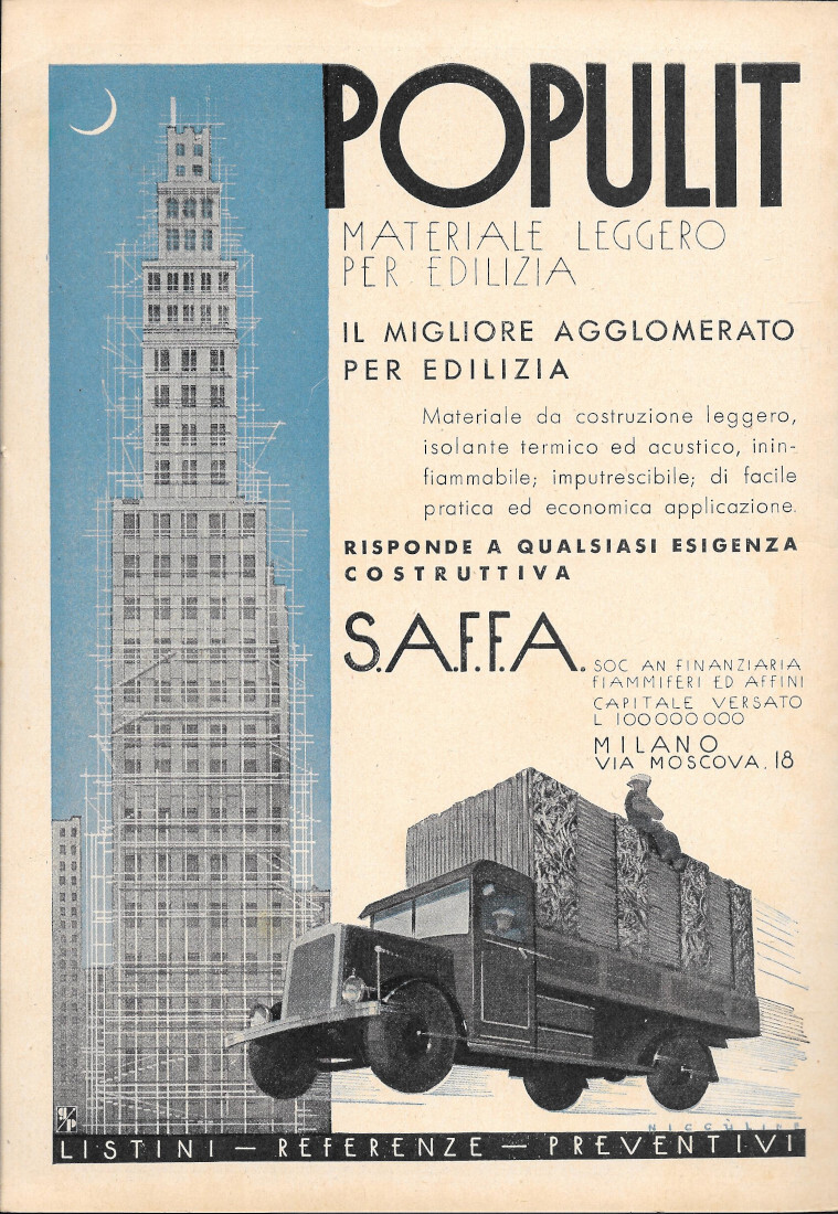Populit SAFFA. Materiale leggero per l'edilizia - Advertising 1937