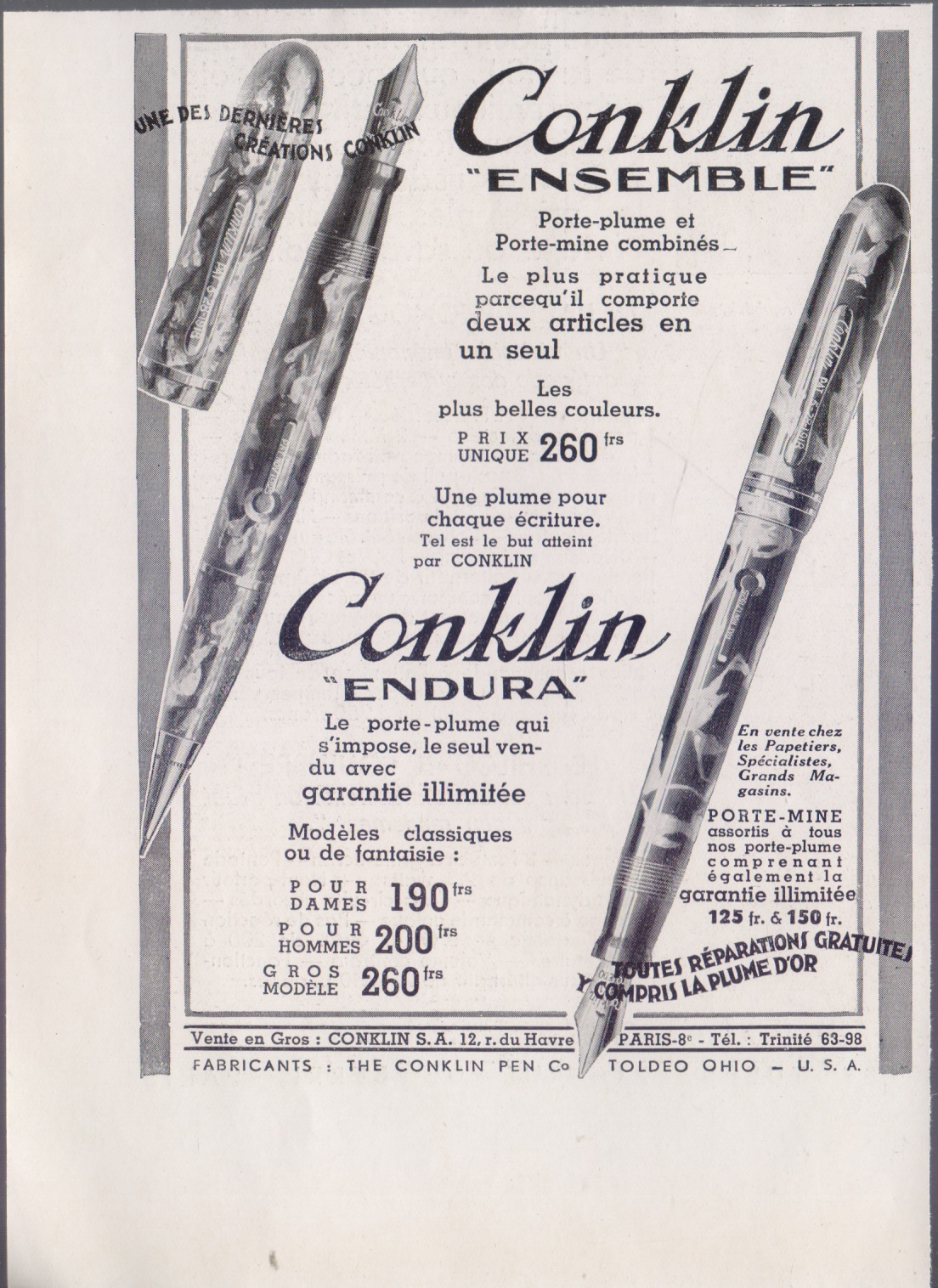 Porte plume Ensemble; Endura. Conklin. Advertising 1931