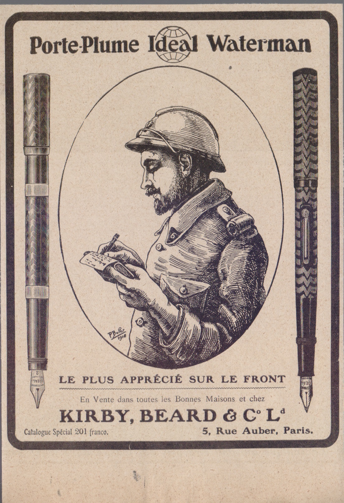 Porte-Plume Waterman. Le plus appreciè sur le fronte. Advertising 1916