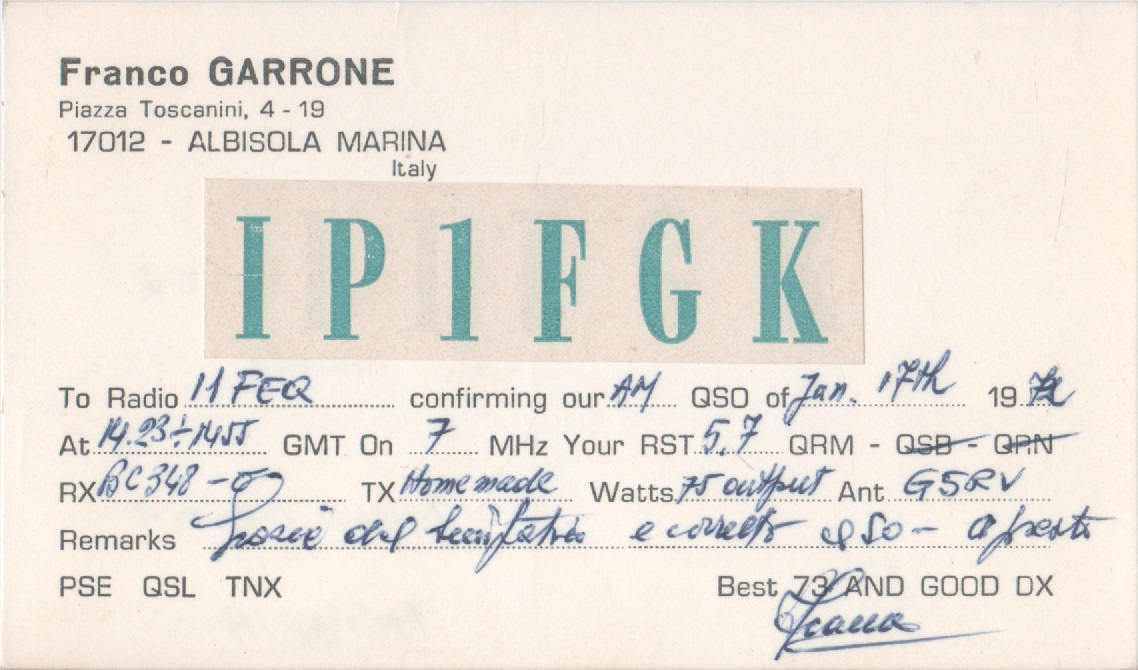 Radio Card. Albisola marina (SV) 1972. IP1FGK - Franco Garrone