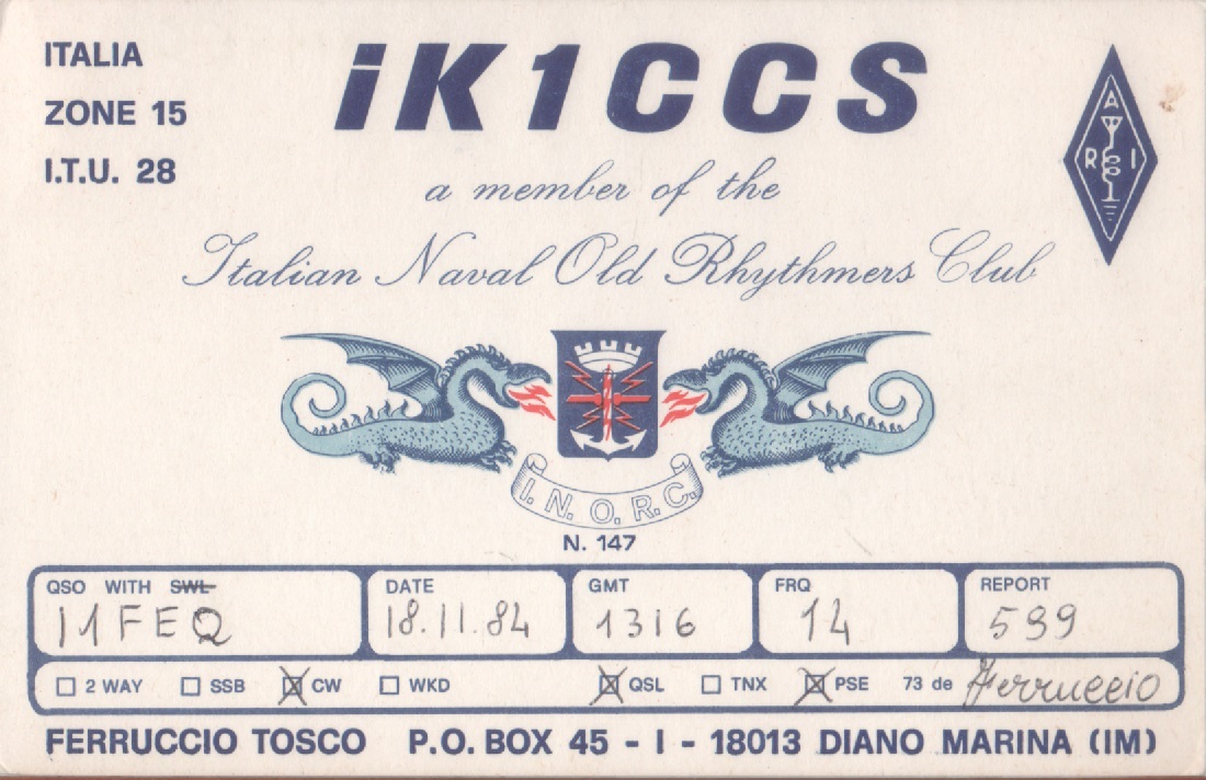 Radio Card. Diano Marina (IM) 1984. IK1CCS - Ferruccio Tosco