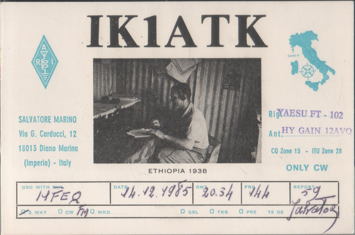 Radio Card. Diano Marina (IM) 1985. IK1ATK - Salvatore Marino