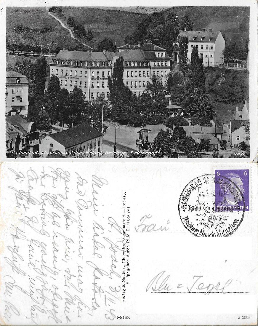 Radiumbad St. Joachimsthal. Bad-Hotel. Viaggiata 1943