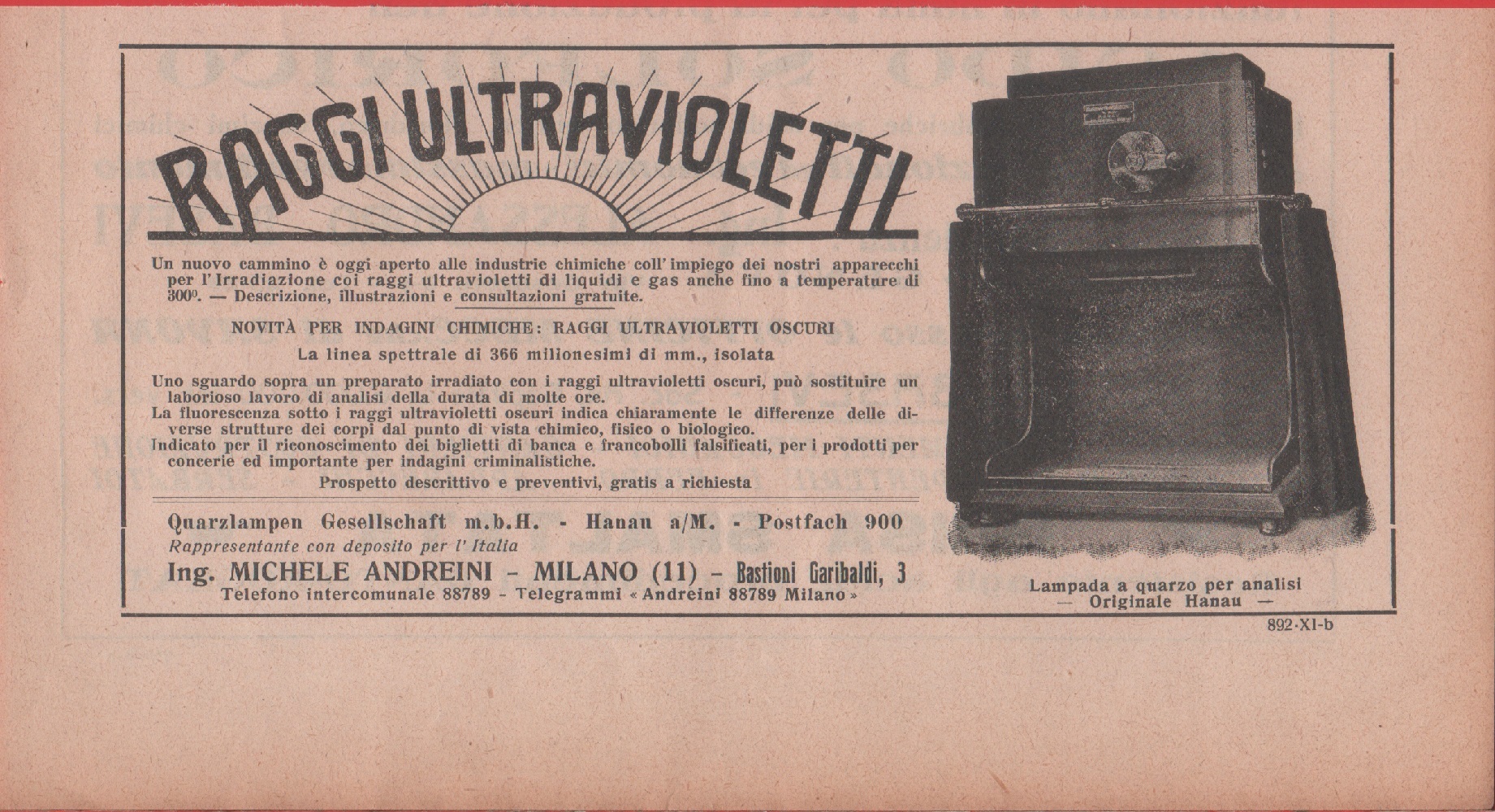 Raggi ultravioletti. Ditta Michele Andreini, Milano. Advertising 1926
