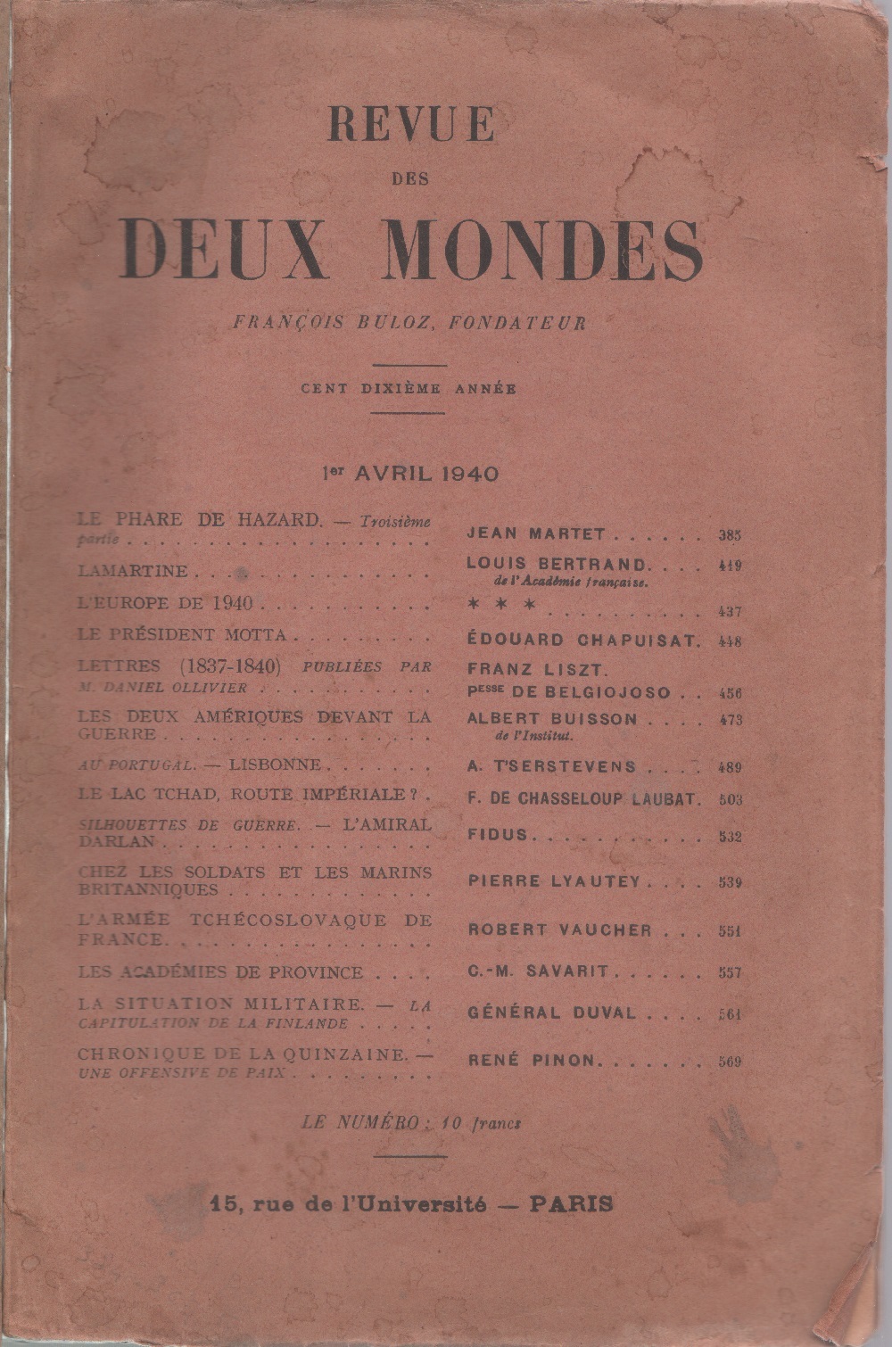 Revue des deux mondes. avril 1940