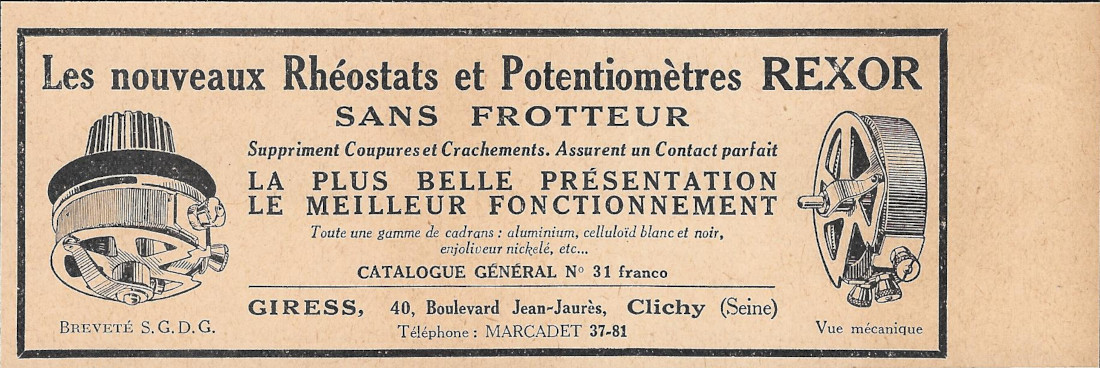 Rhéostats et potentiomètres Rexor - Advertising 1928