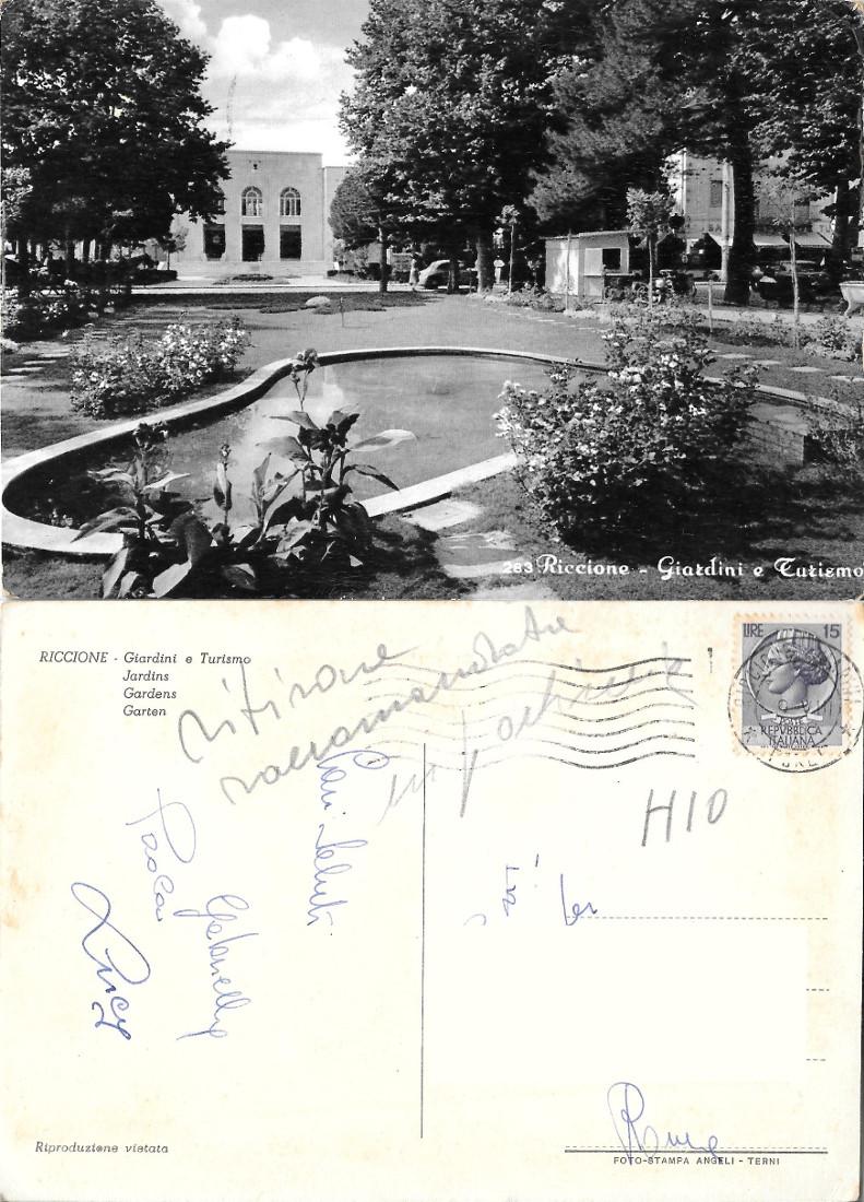 Riccione. Giardini e turismo. Viaggiata 1958