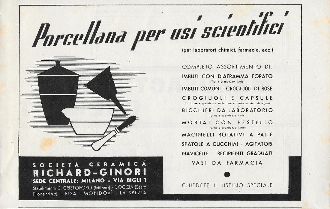 Richard-Ginori. Porcellana per usi scientifici. Advertising 1939