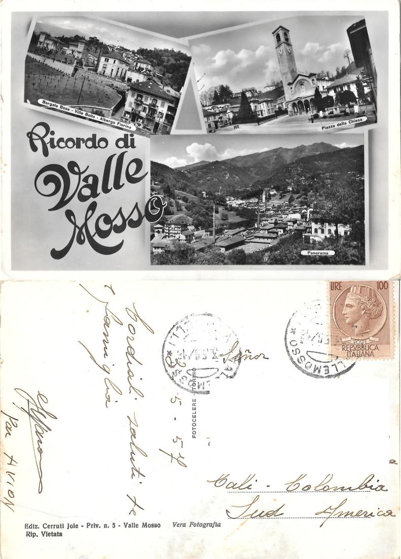 Ricordo di Valle Mosso (BI). Viaggiata 1957