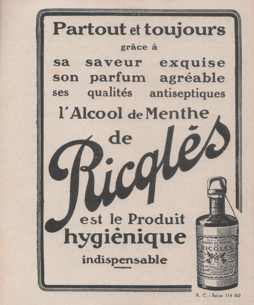 Ricqles alcool de menthe. Advertising 1924
