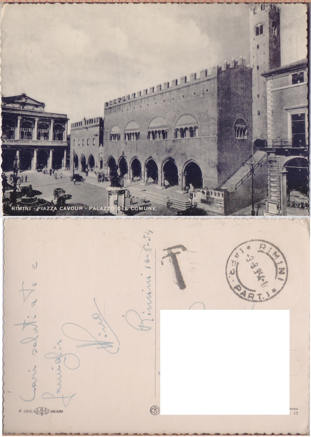 Rimini. Piazzale Cavour, Palazzo del Comune. Viaggiata 1954