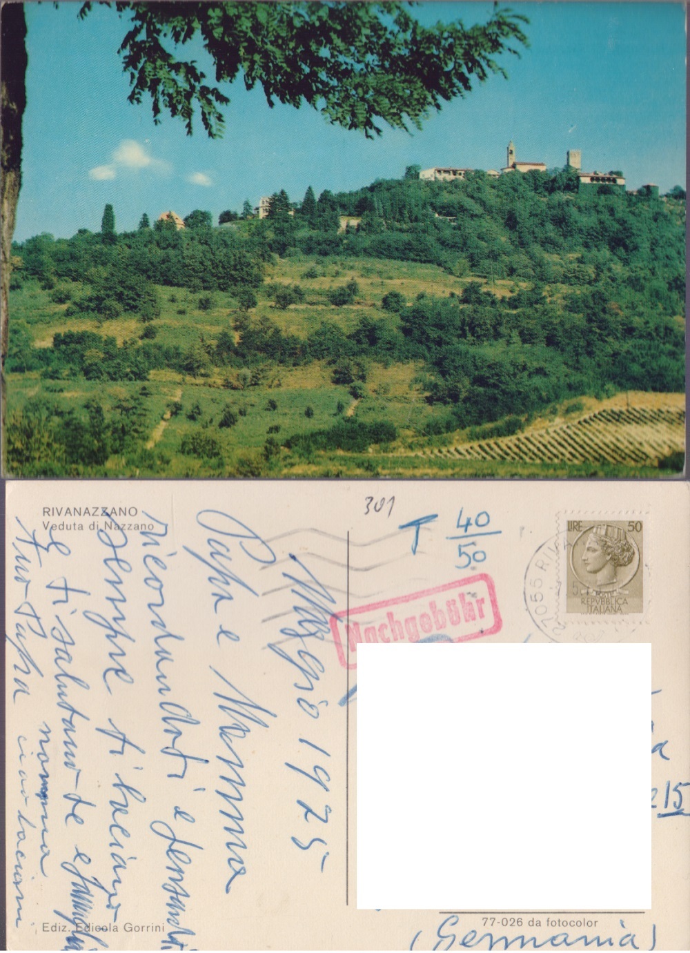 Rivanazzano (PV). Veduta da Nazzano. Viaggiata 1975