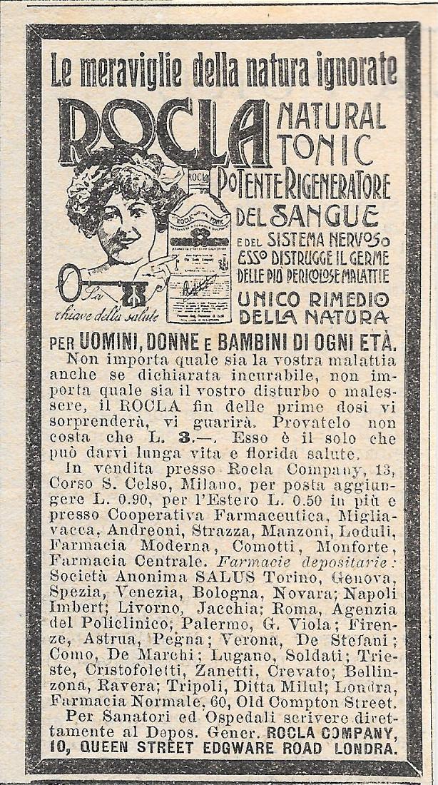 Rocla Natural Tonic potente rigeneratore del sangue. Advertising 1912