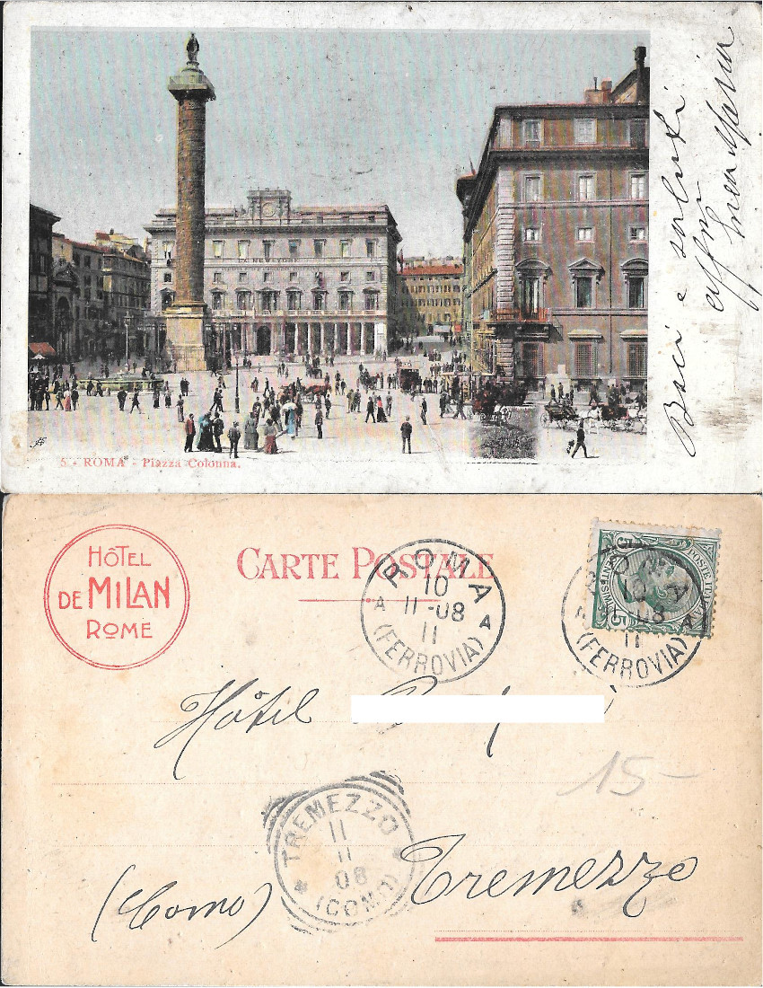 Roma. Piazza Colonna. Viaggiata 1911, hotel De Milan