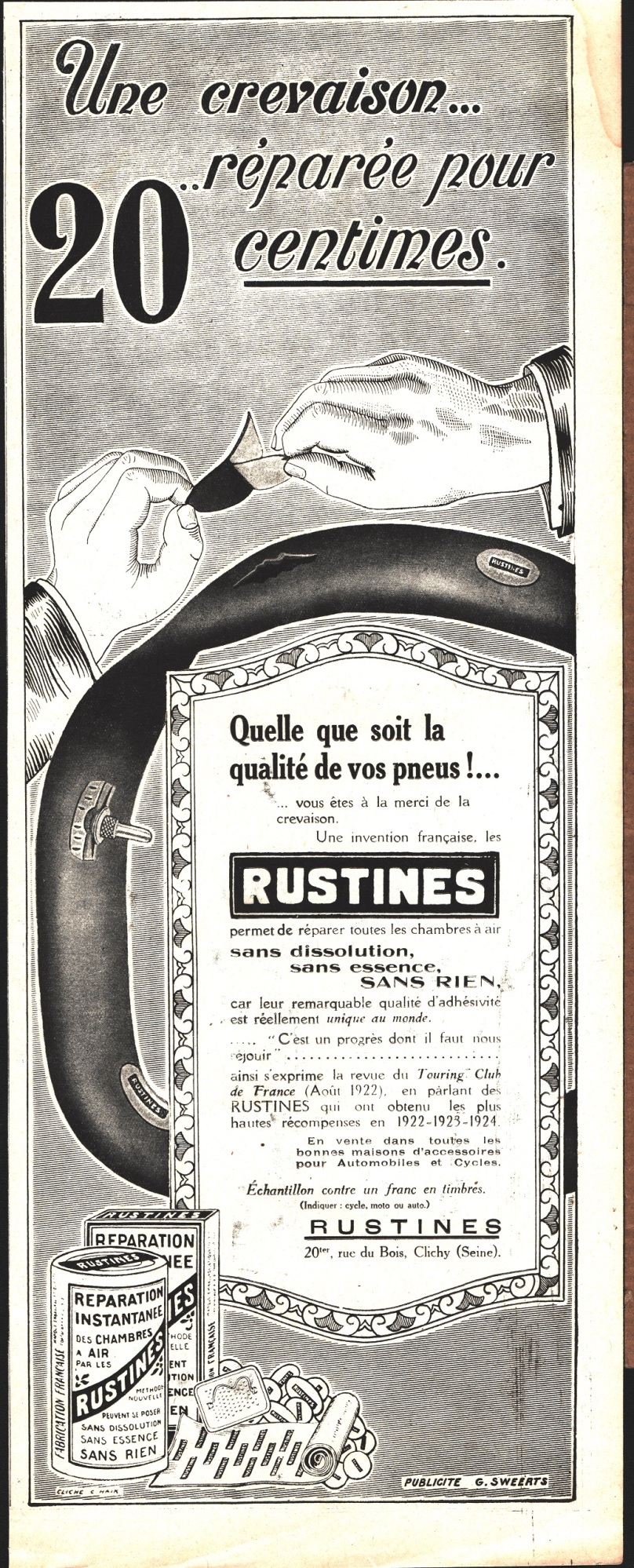 Rustines. Un crevaison.. reparee pour 20 centimes. Advertising 1926