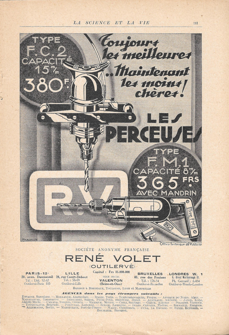 RV René Volet Les perceuses - Advertising 1931