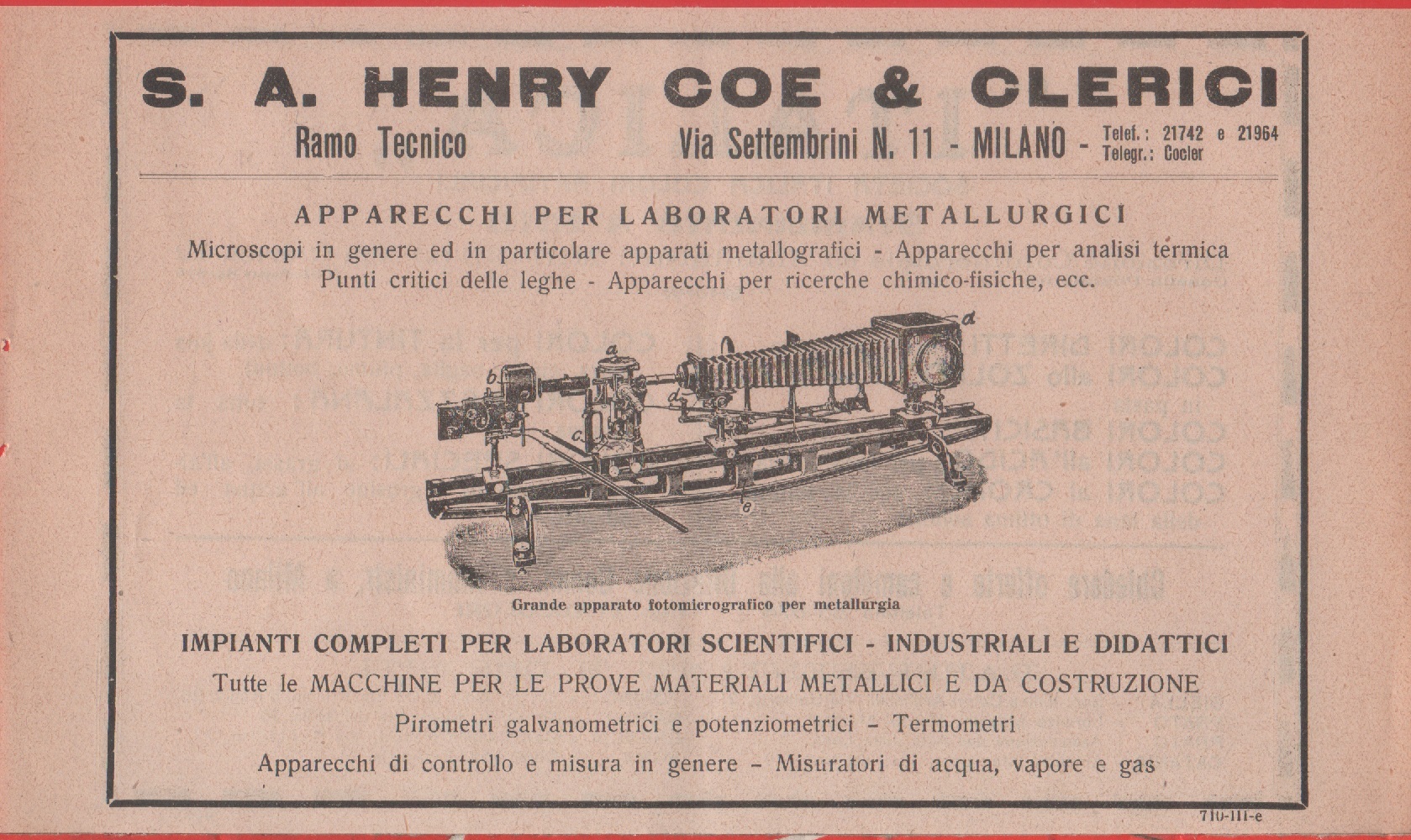 SA. Henry Coe &amp; Clerici. Apparecchi scientifici. Advertising 1926