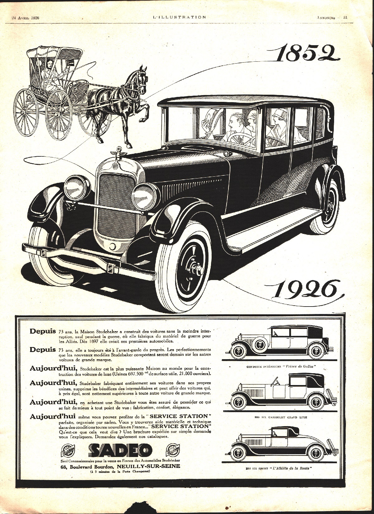 Sadeo, Neuilly sur Sein, concessionaire Studebaker. Advertising 1926