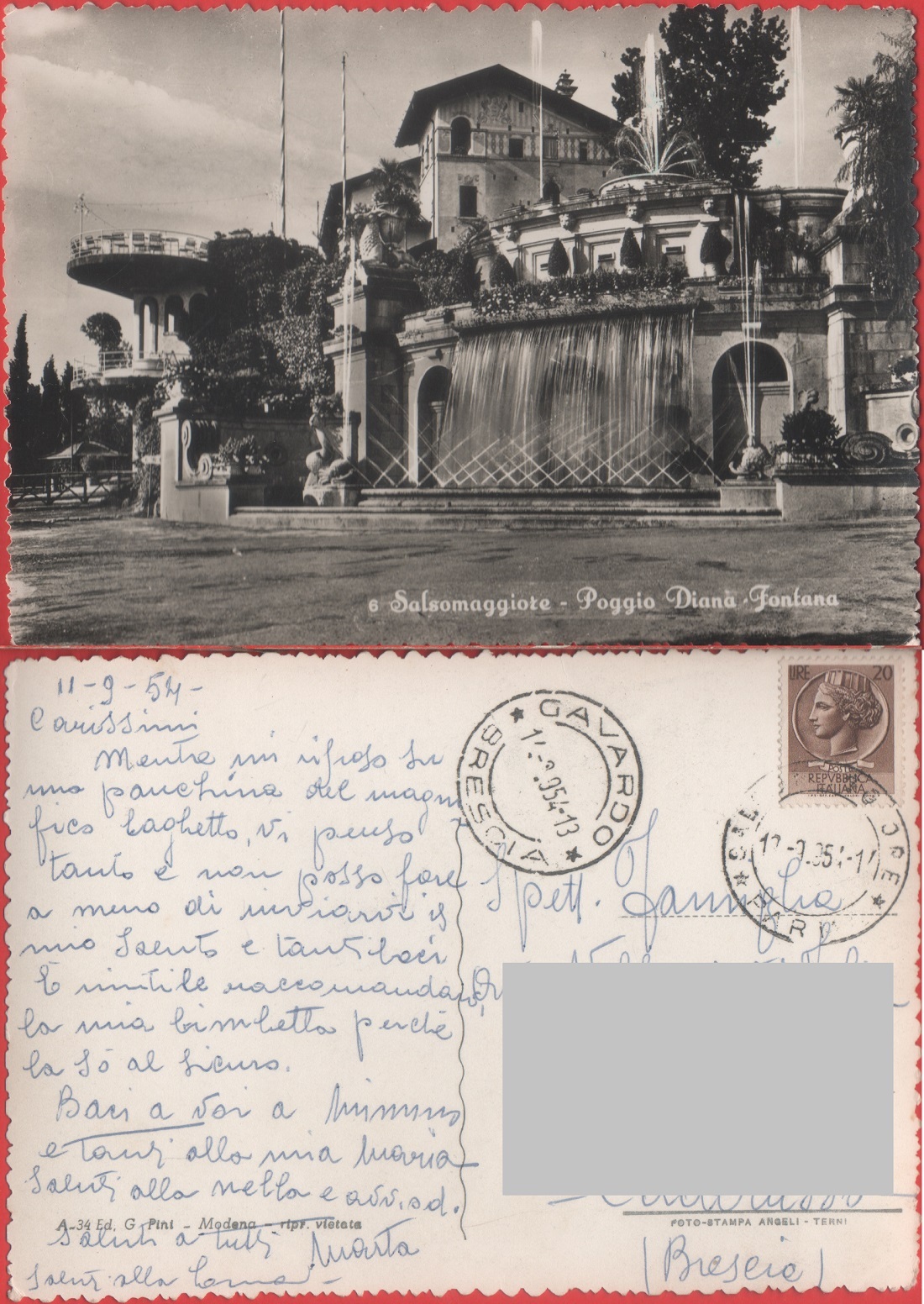 Salsomaggiore (PR). Poggio Diana. Fontana. Viaggiata 1954