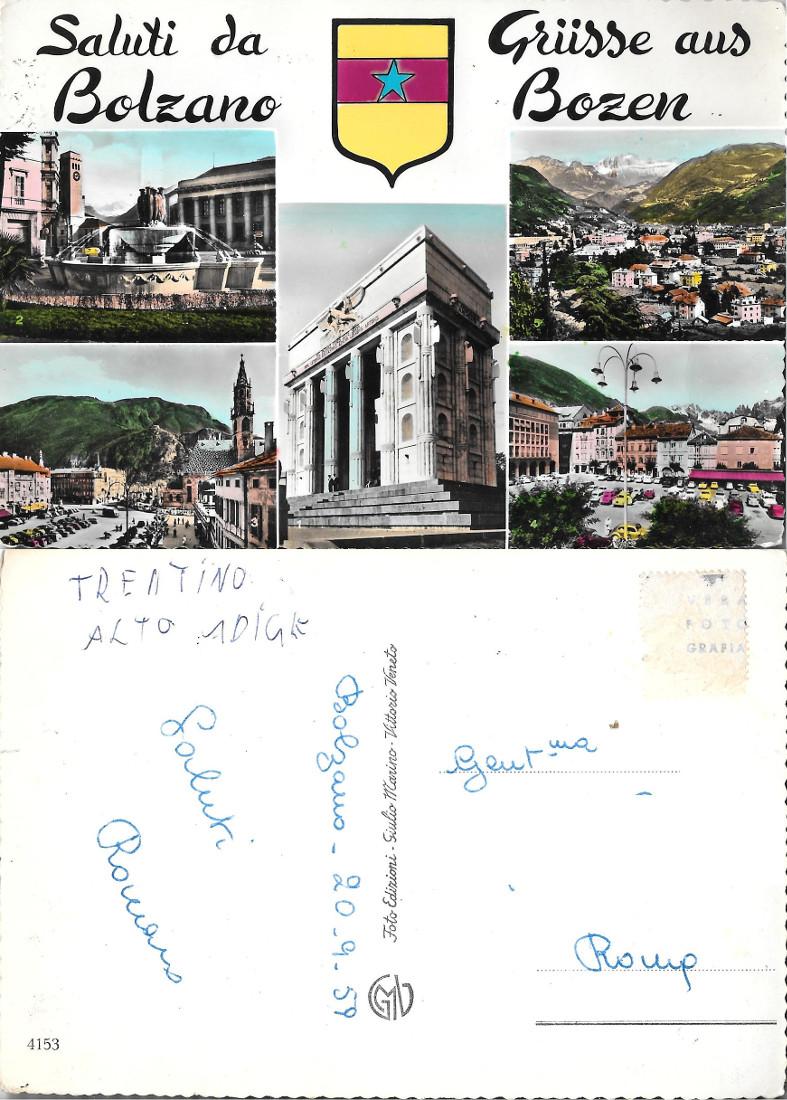 Saluti da Bolzano. Viaggiata 1959
