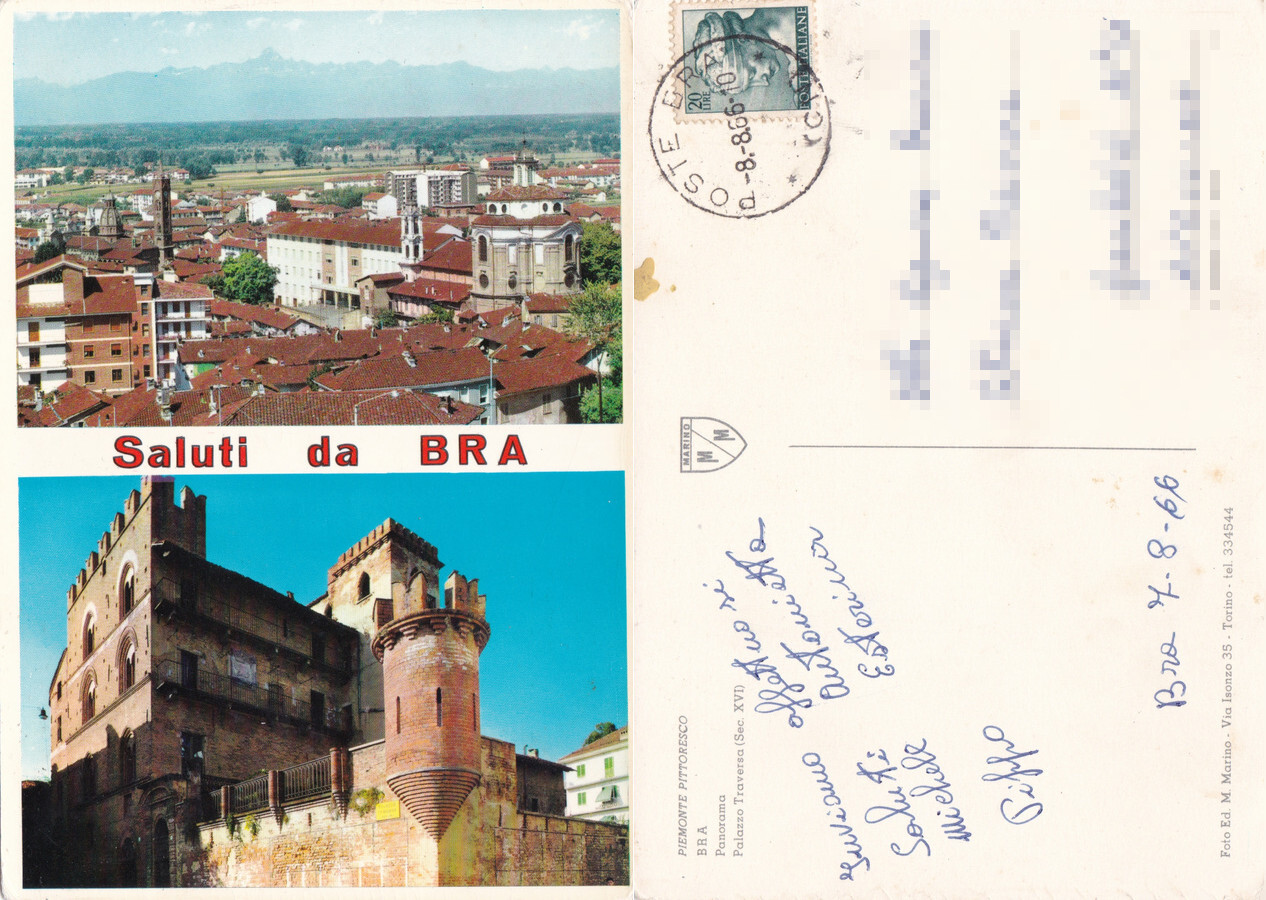 Saluti da Bra (CN). Viaggiata 1966
