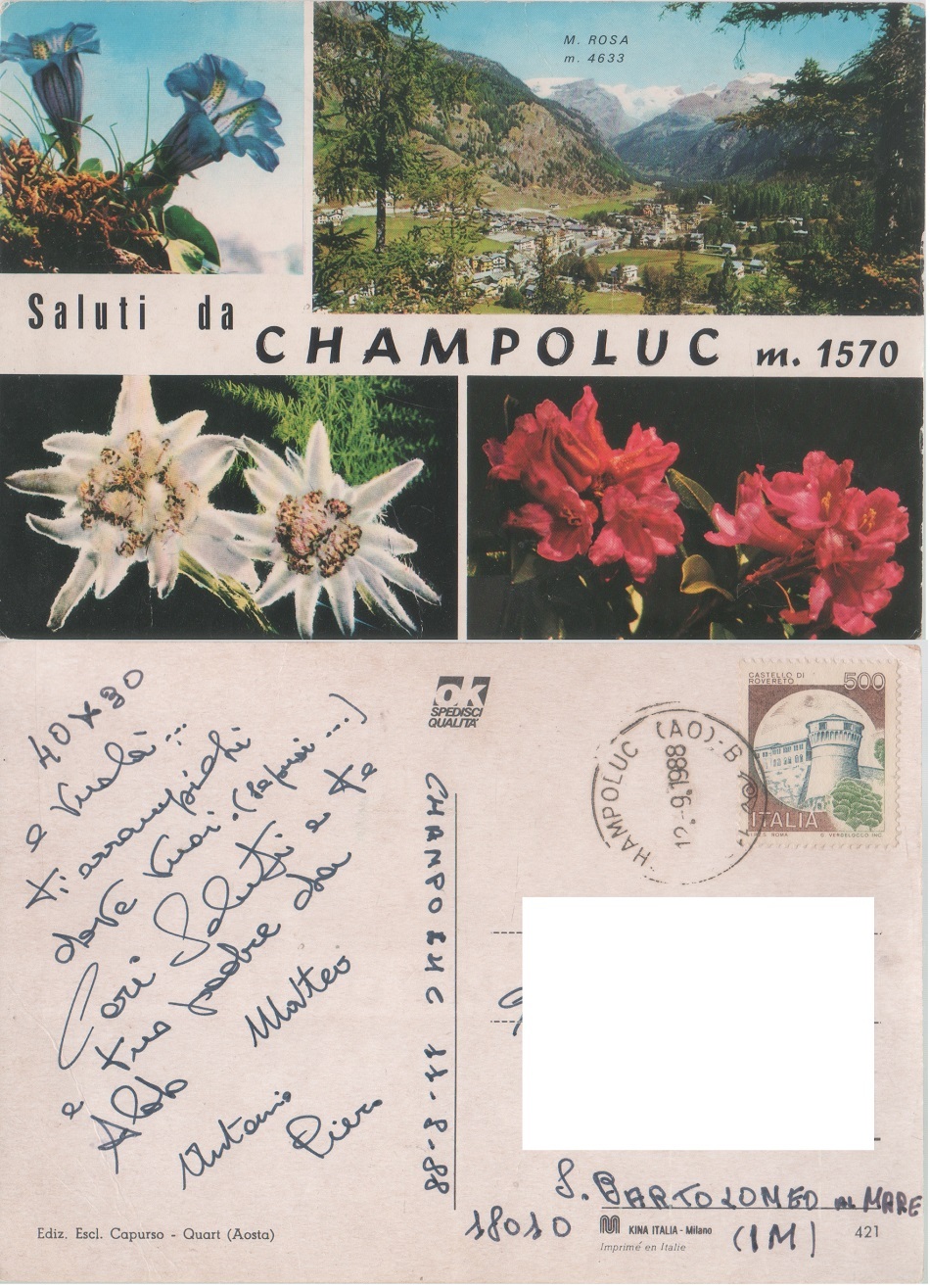 Saluti da Champoluc. Vedutine. Viaggiata 1988