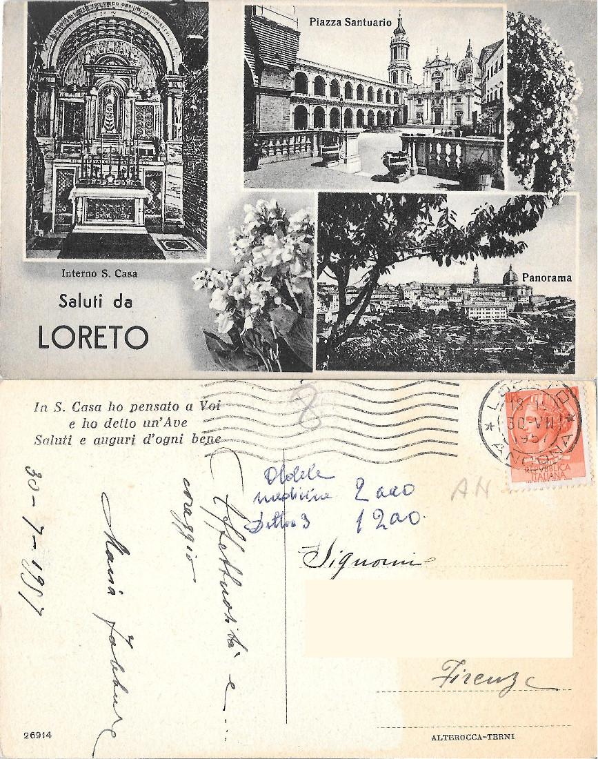 Saluti da Loreto. Viaggiata 1957