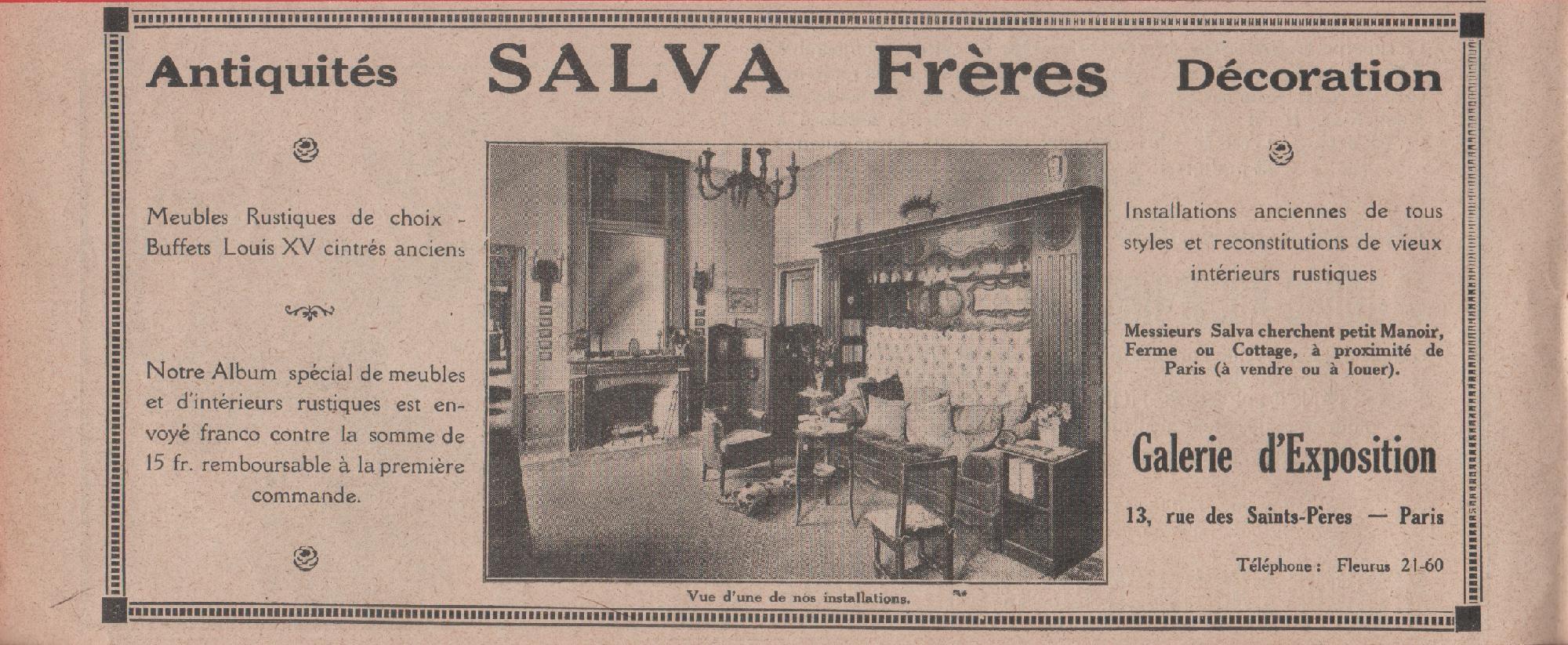 Salva frères. Antiquités, décoration. Advertising 1926