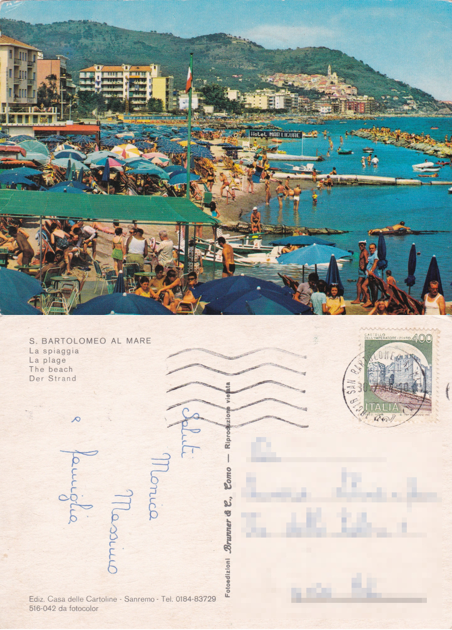 San Bartolomeo a Mare (IM). La spiaggia. Viaggiata 1984