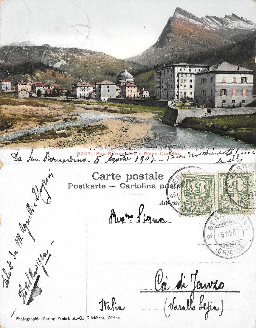 San Bernardino e Pizzo Uccello. Viaggiata 1907, colorata