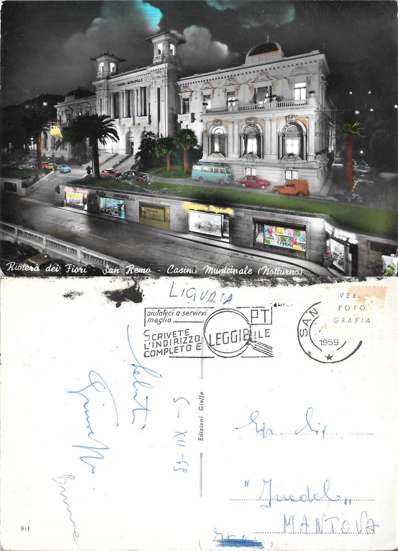 San Remo. Casinò Municipale, notturno. Viaggiata 1959