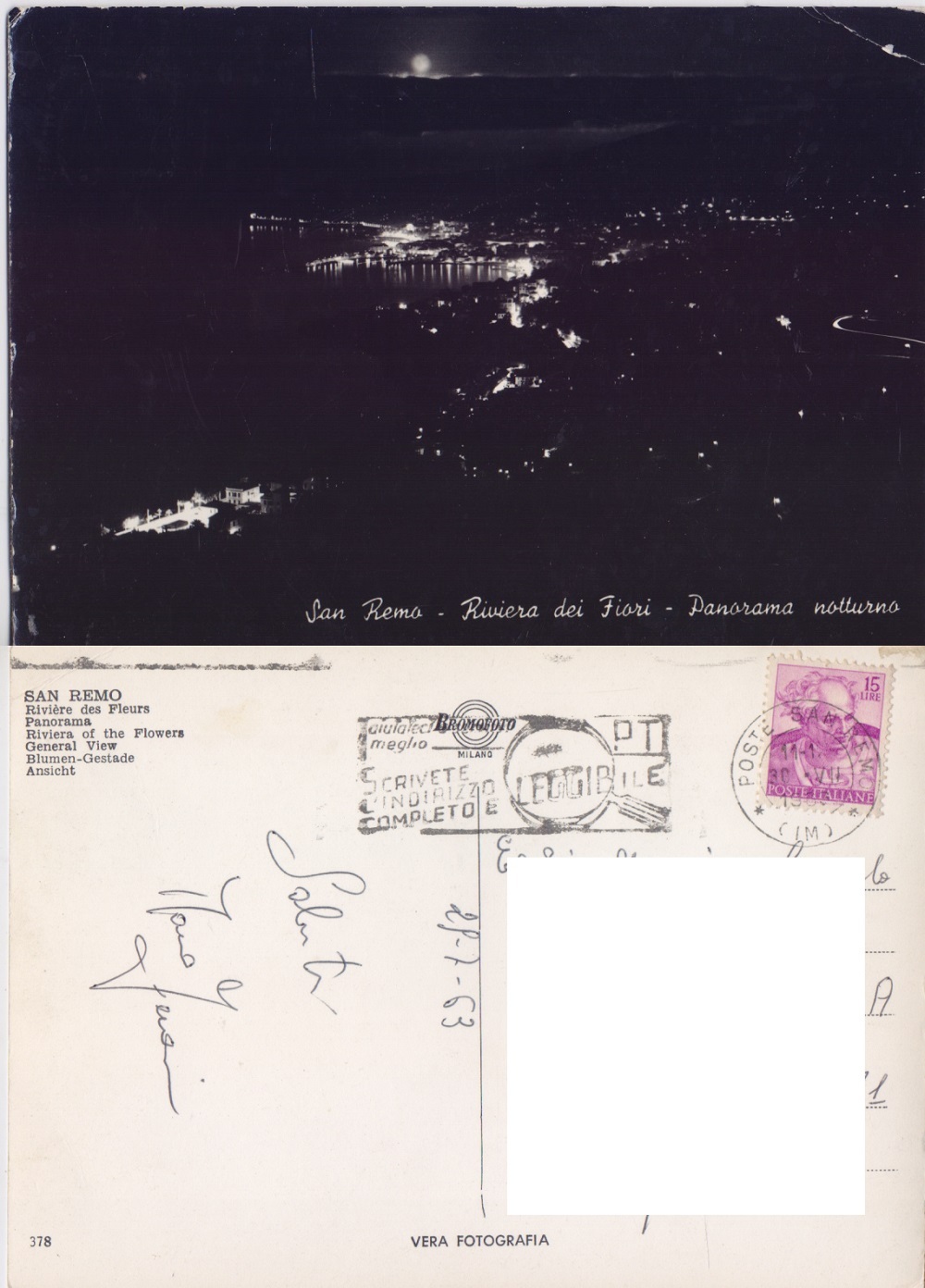 San Remo (IM). Panorama notturno. Viaggiata 1963