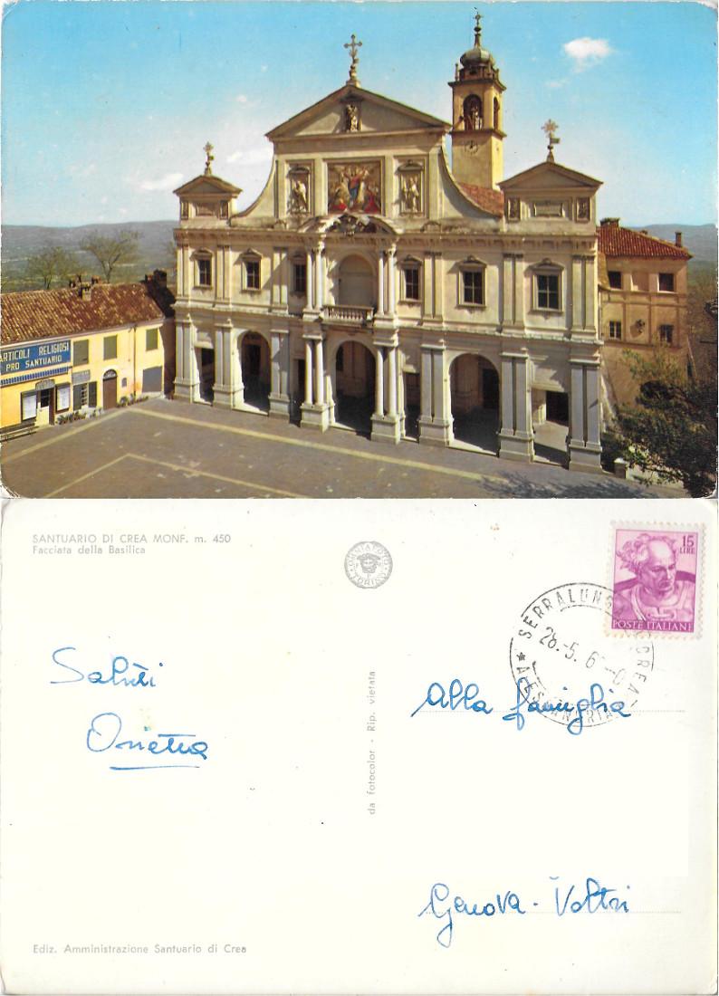Santuario di Crea Monferrato. Facciata della Basilica. Viaggiata 1968