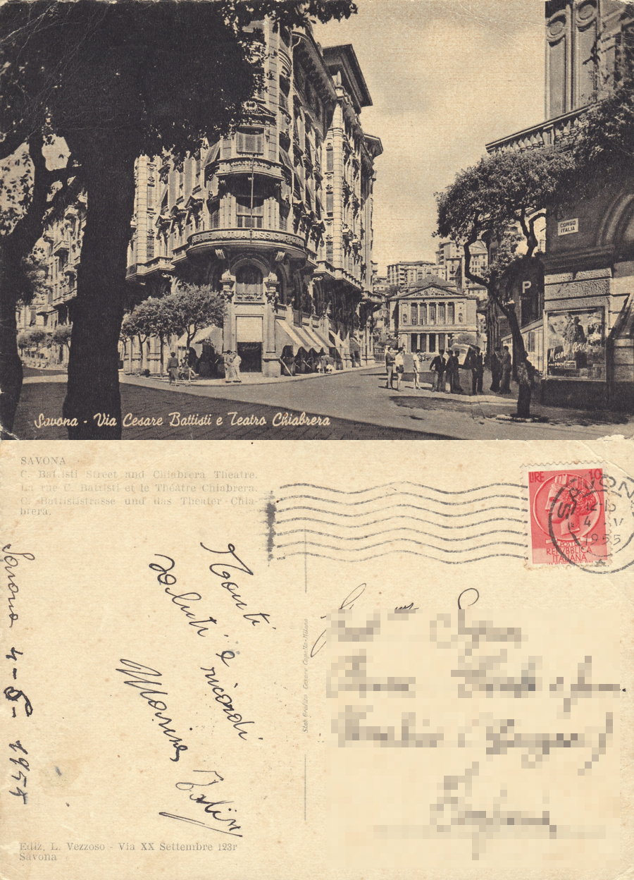 Savona. Via Cesare Battisti e Teatro Chiabrera. Viaggiata 1955