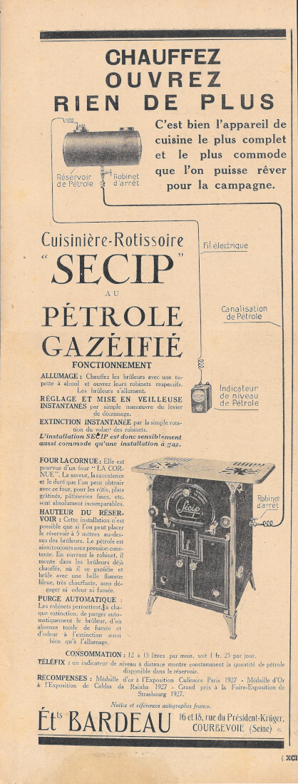 Secip. Cousiniere au petrole gazeifie - Advertising 1928