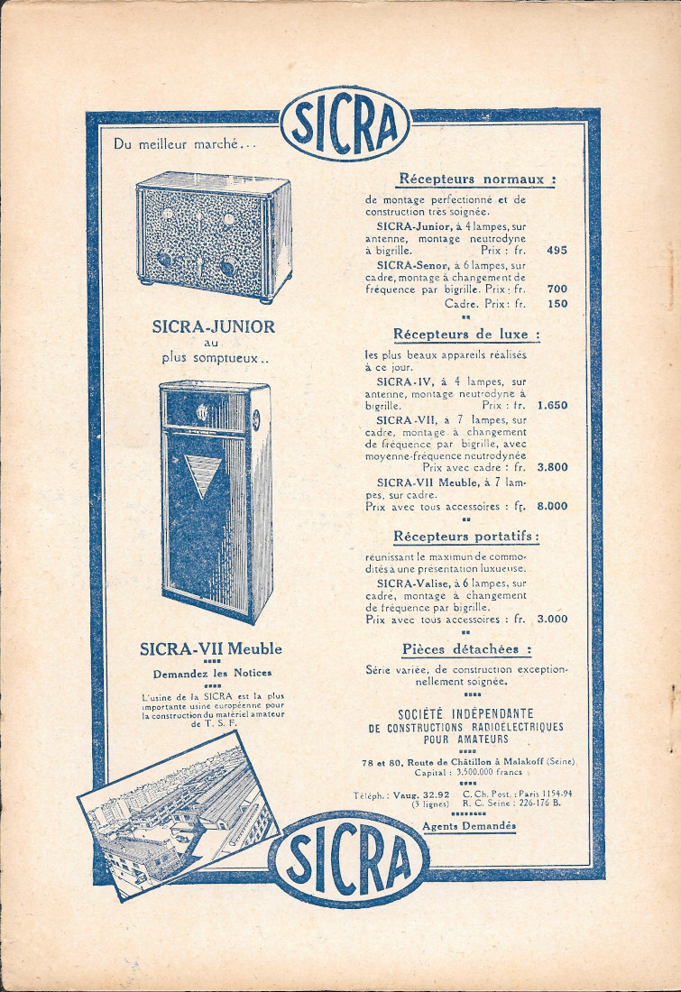 SICRA Societe Indipendantede de Construction Radioelectriques pour Amateurs- Advertising 1929