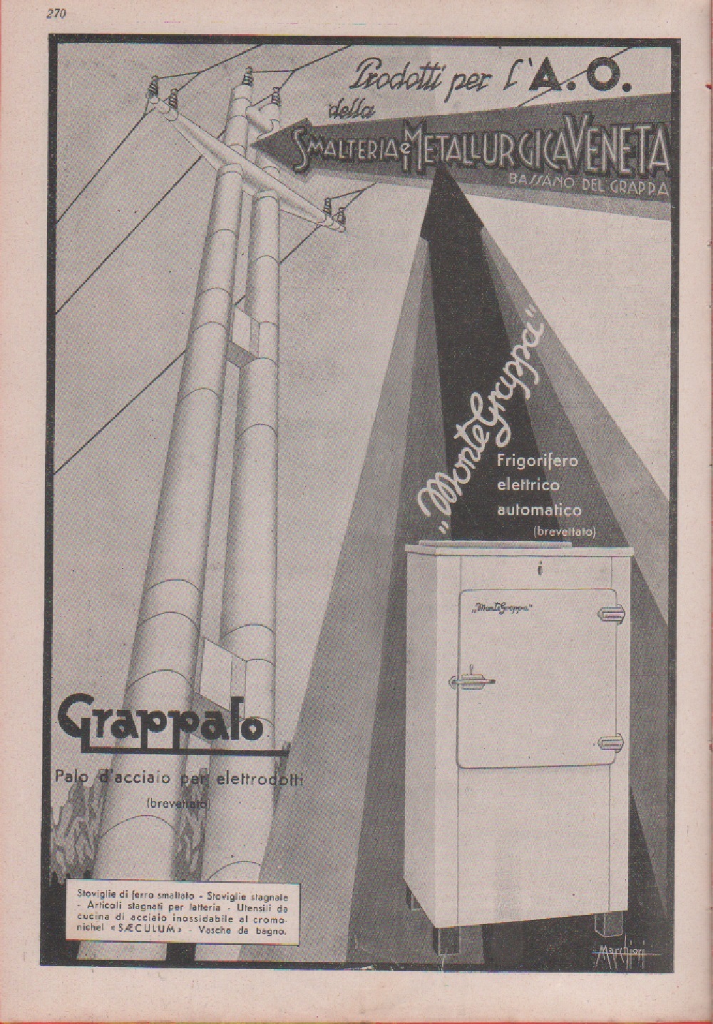 Smalteria Metallurgica Veneta. Groppato pali; MonteGrappa frigorifero. Advertising 1937