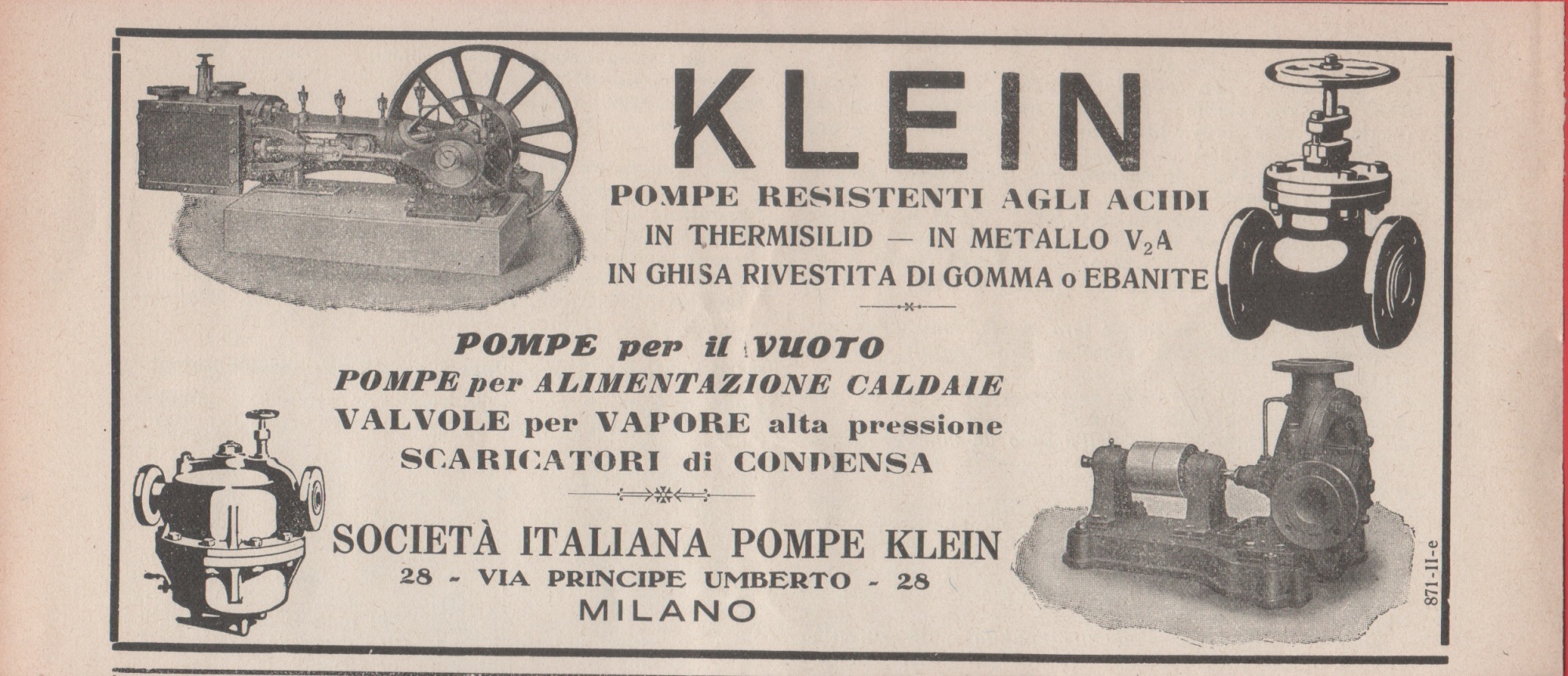 Società Italiana Pompe Klein. Pompe resistenti agli acidi. Advertising 1926