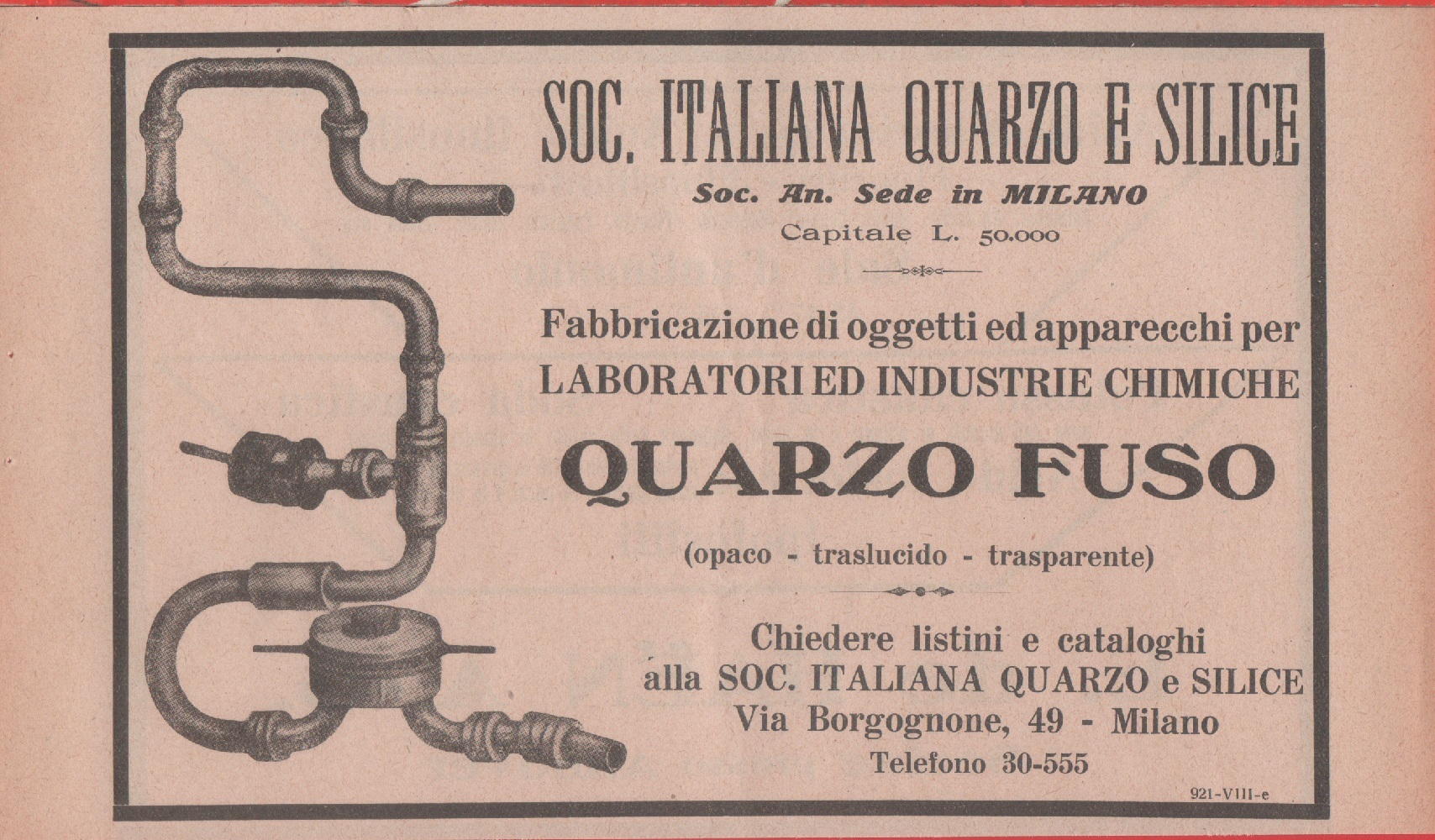 Società Italiana Quarzo e Silice. Milano. Advertising 1926
