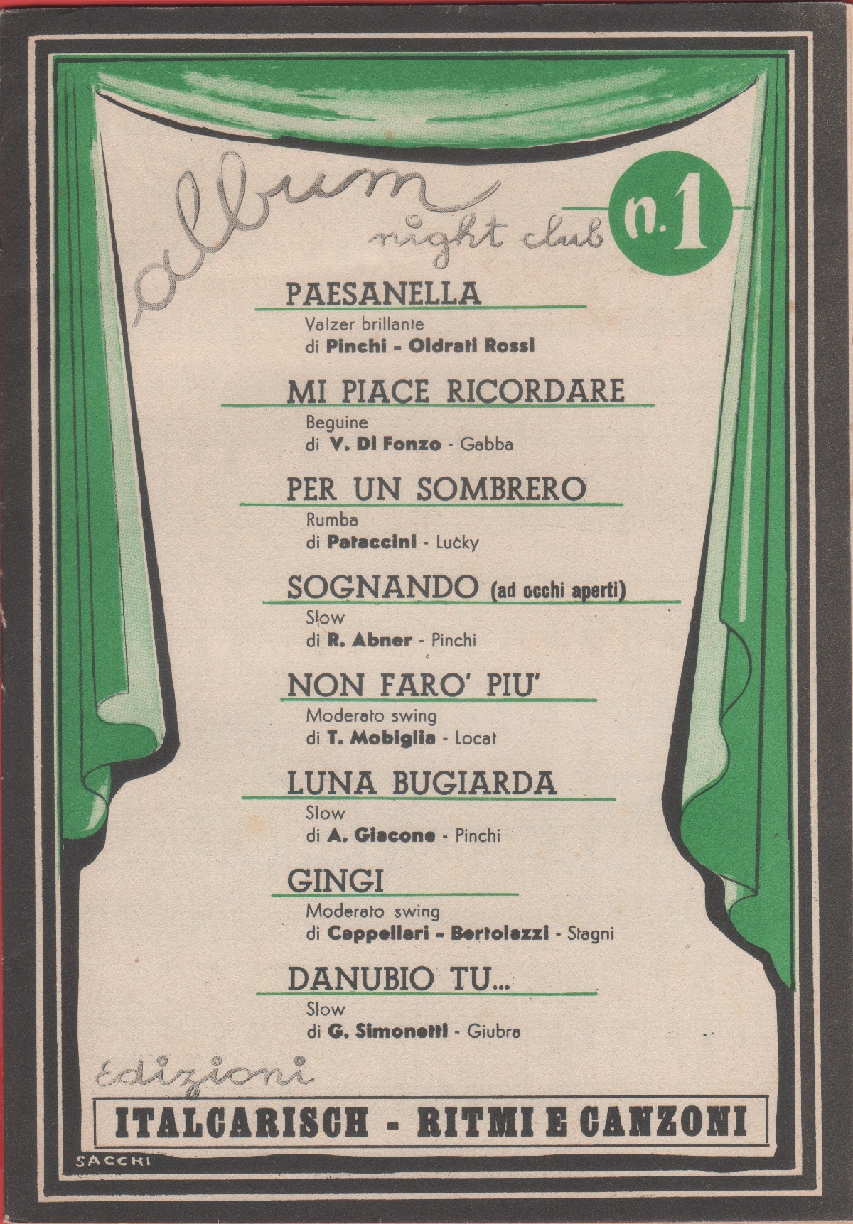 Spartito. Album night club n. 1 (sei pezzi). Ediz. Italcarisch