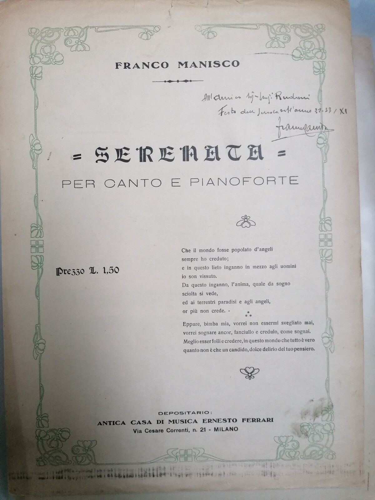 Spartito per canto e pianoforte - SERENATA di Franco Manisco …