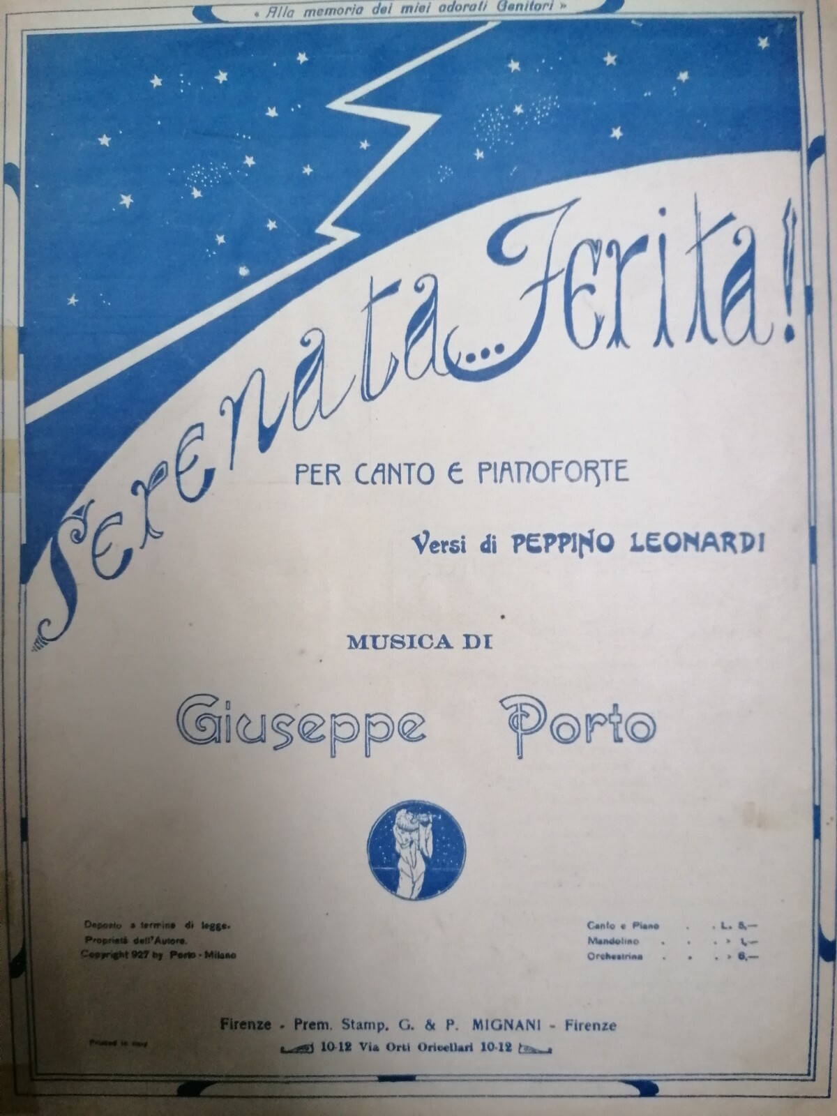 Spartito SERENATA...FERITA (G. Porto, P. Leonardi) Ed. Mignani 1927 RARO