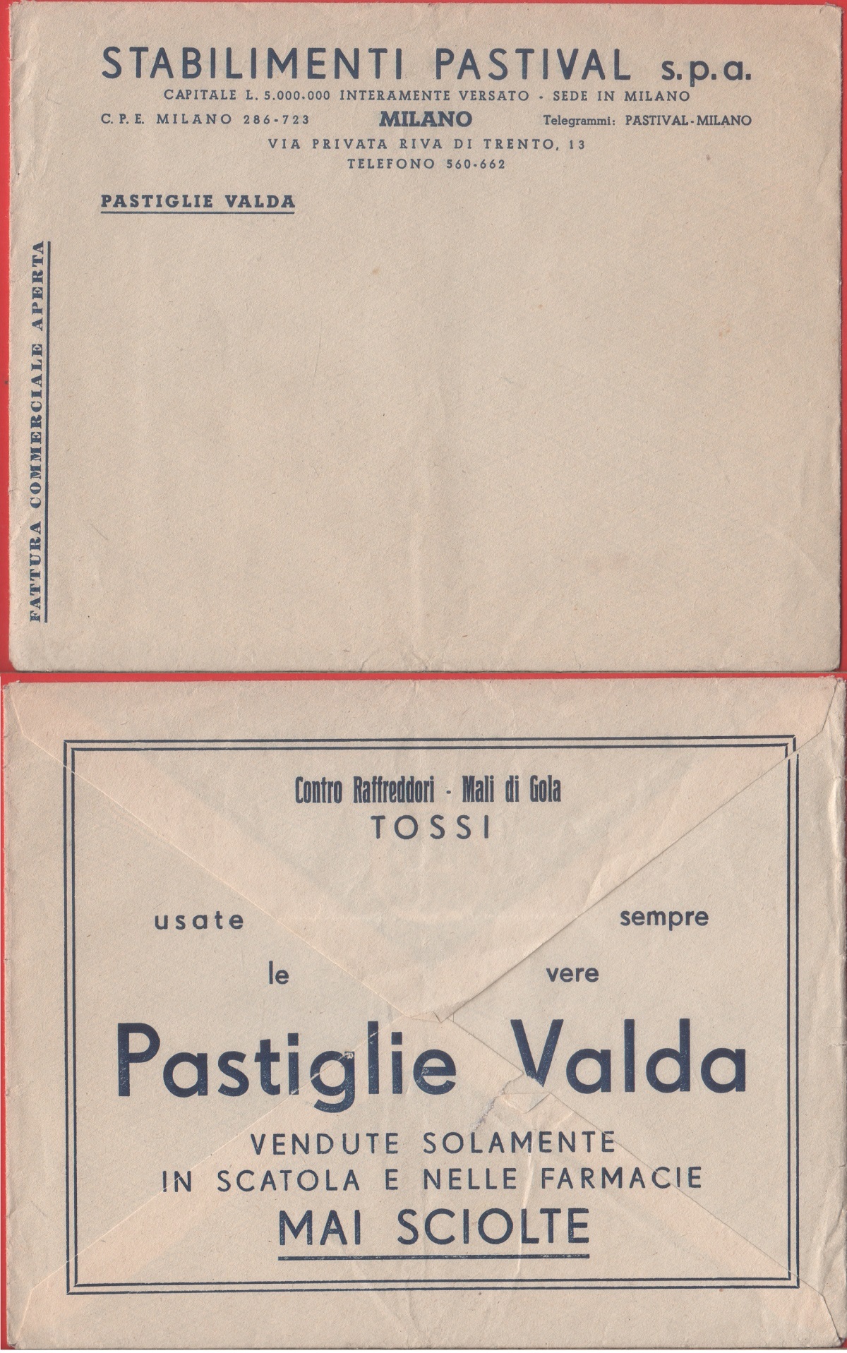 Stabilimenti Pastival/Valda. Busta con lettera di referenze. 1953