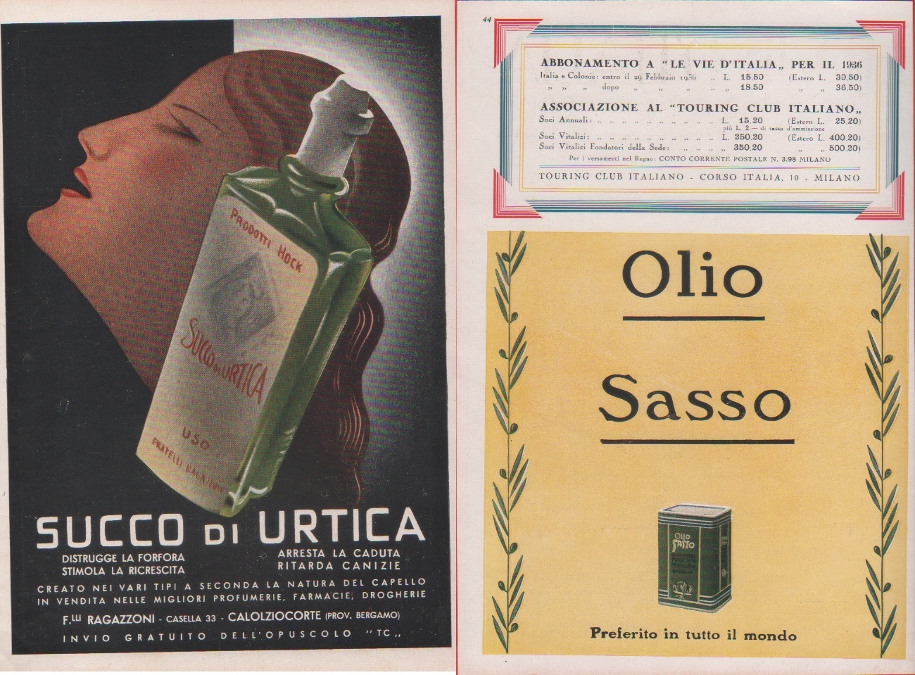 Succo di Urtica / Olio Sasso. Advertising 1937