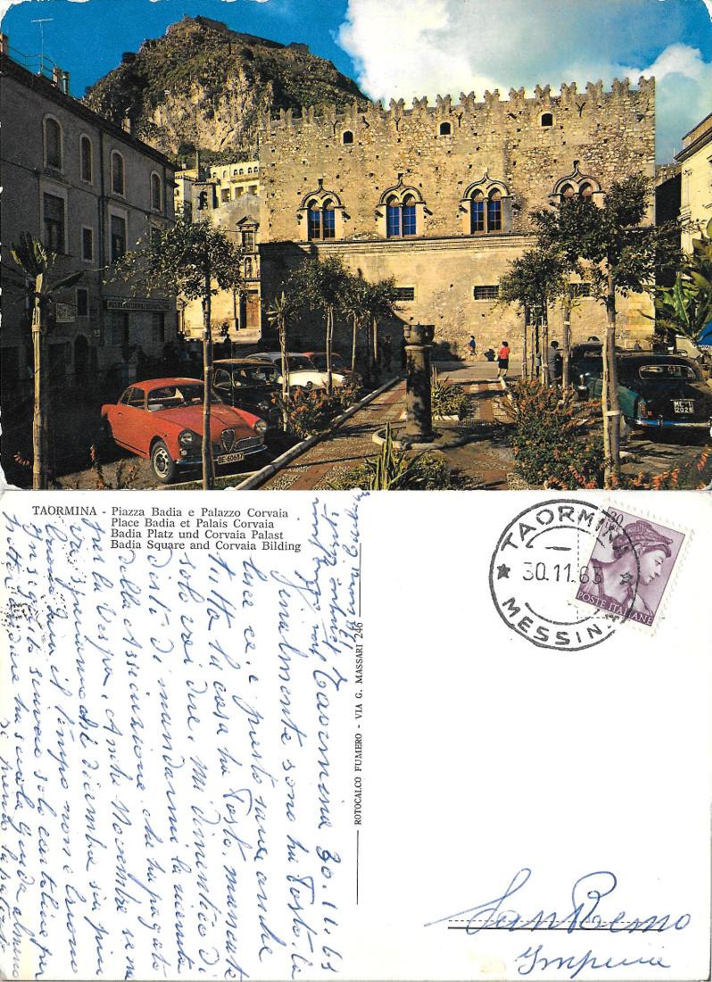 Taormina. Piazza Badia e Palazzo Corvaia. Viaggiata 1963 auto