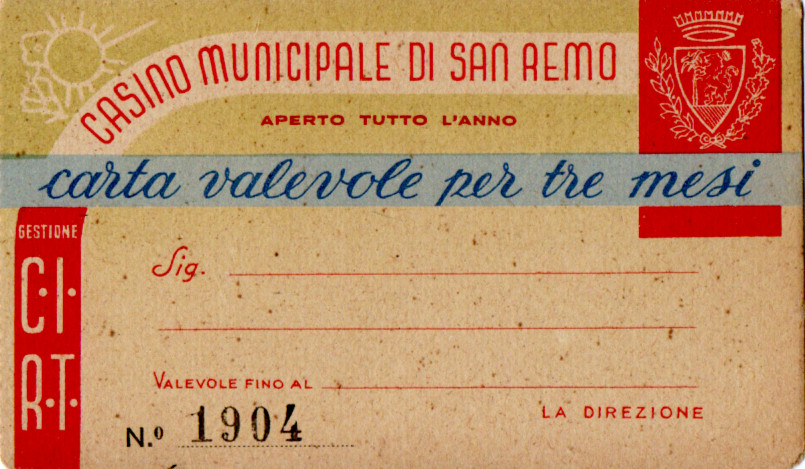 Tessera Carta Ingresso Casinò Municipale Sanremo Anni 40 Gestione CIRT …
