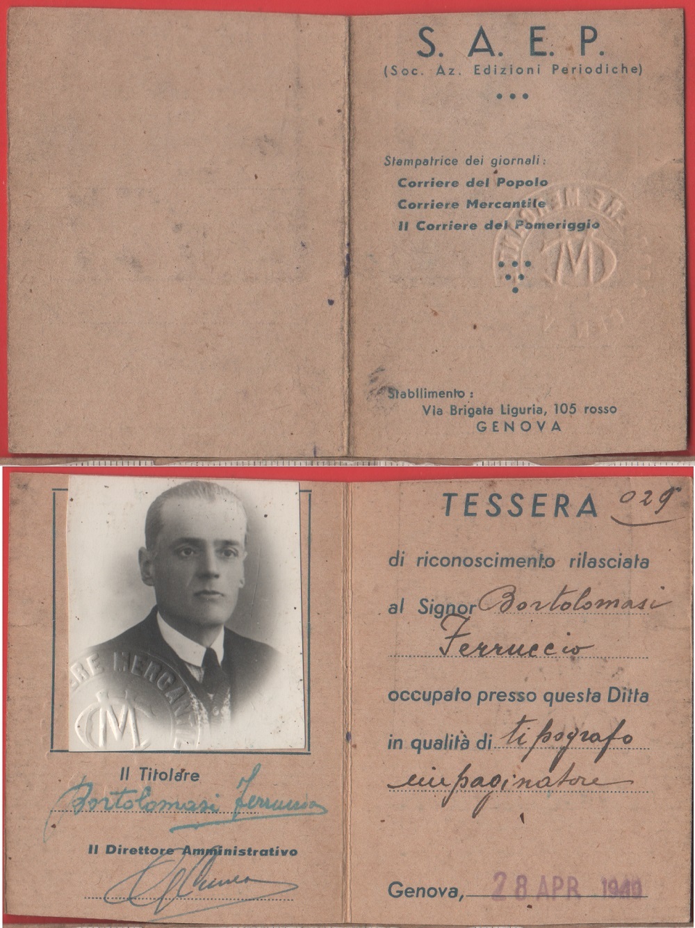 Tessera riconoscimento gruppo SAEP Periodici. Genova 1940