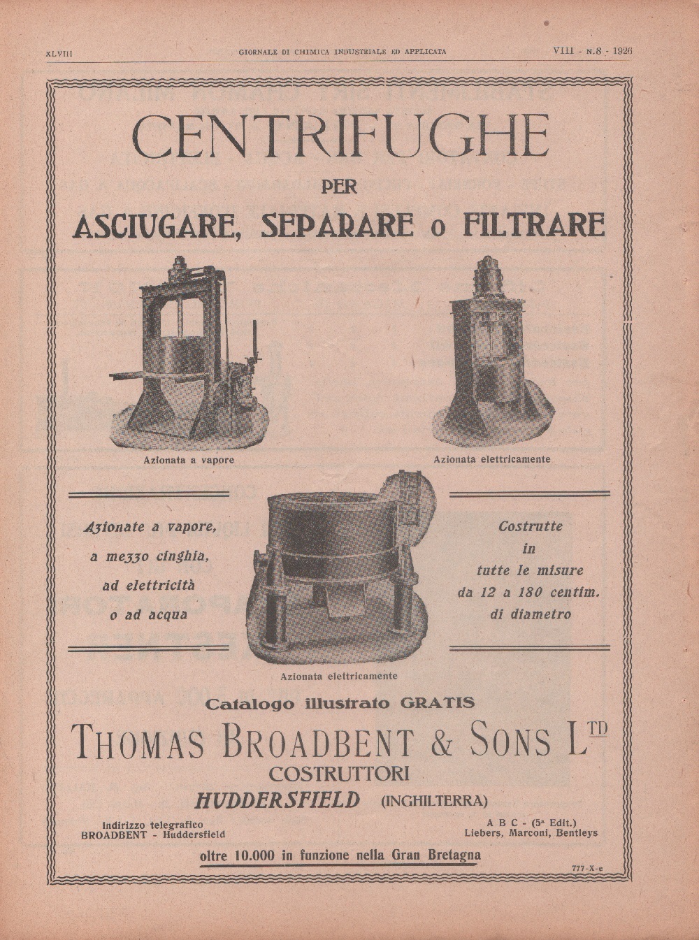 Thomas Broadbent &amp; Sons. Centrifughe. Advertising 1926