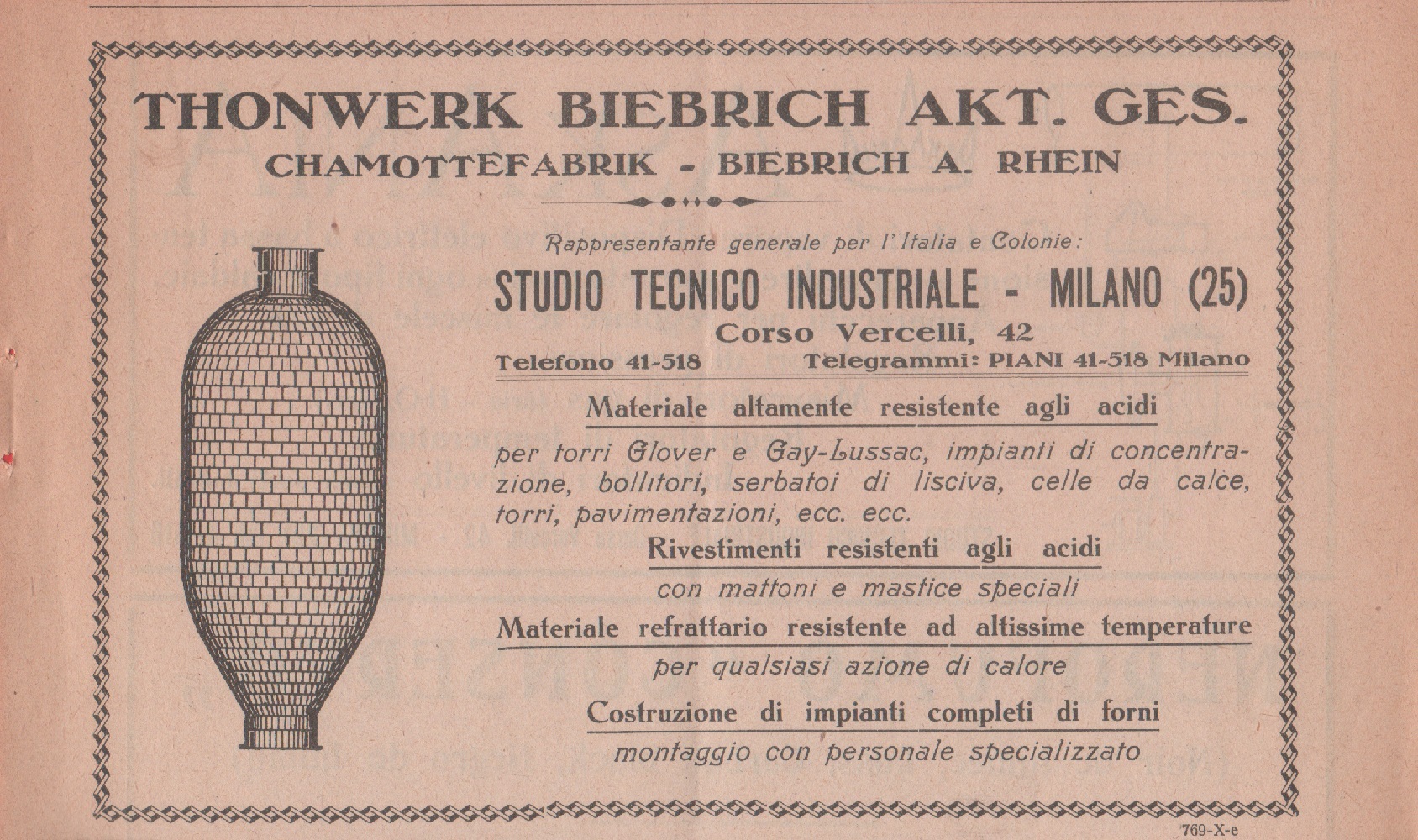 Thonwerk Biebrich Akt. Ges. Rivestimenti antiacidi. Advertising 1926