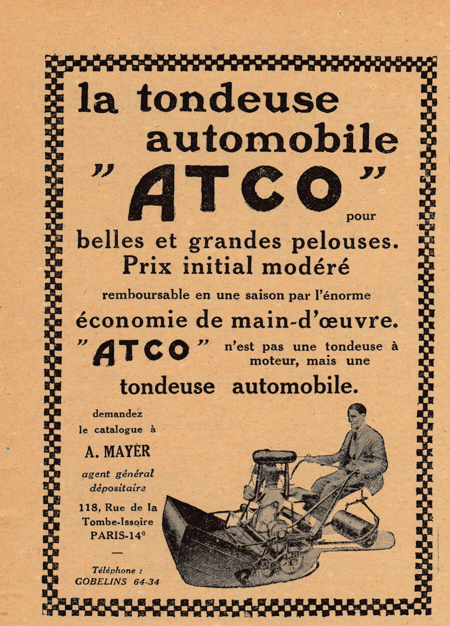 Tondeuse automobile ATCO. Advertising 1927